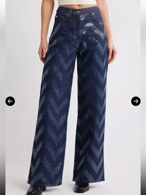 Nasty Gal Sequin Dark Blue Chevron Wide-Leg High Waist Statement Jeans Size 2